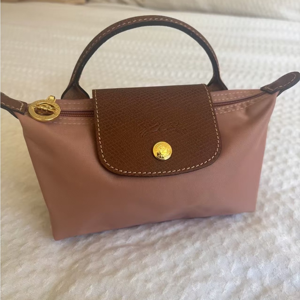 Longchamp mini top-handle bag in blush pink with brown trim - Picture 2 of 4